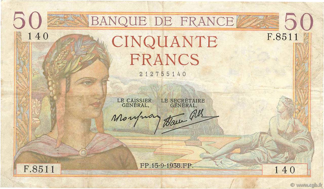 50 Francs CÉRÈS modifié FRANCE  1938 F.18.14 TB