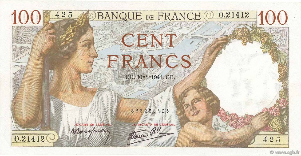 100 Francs SULLY FRANCE  1941 F.26.51 XF-