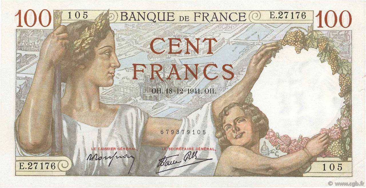 100 Francs SULLY FRANCE  1941 F.26.63 TTB+