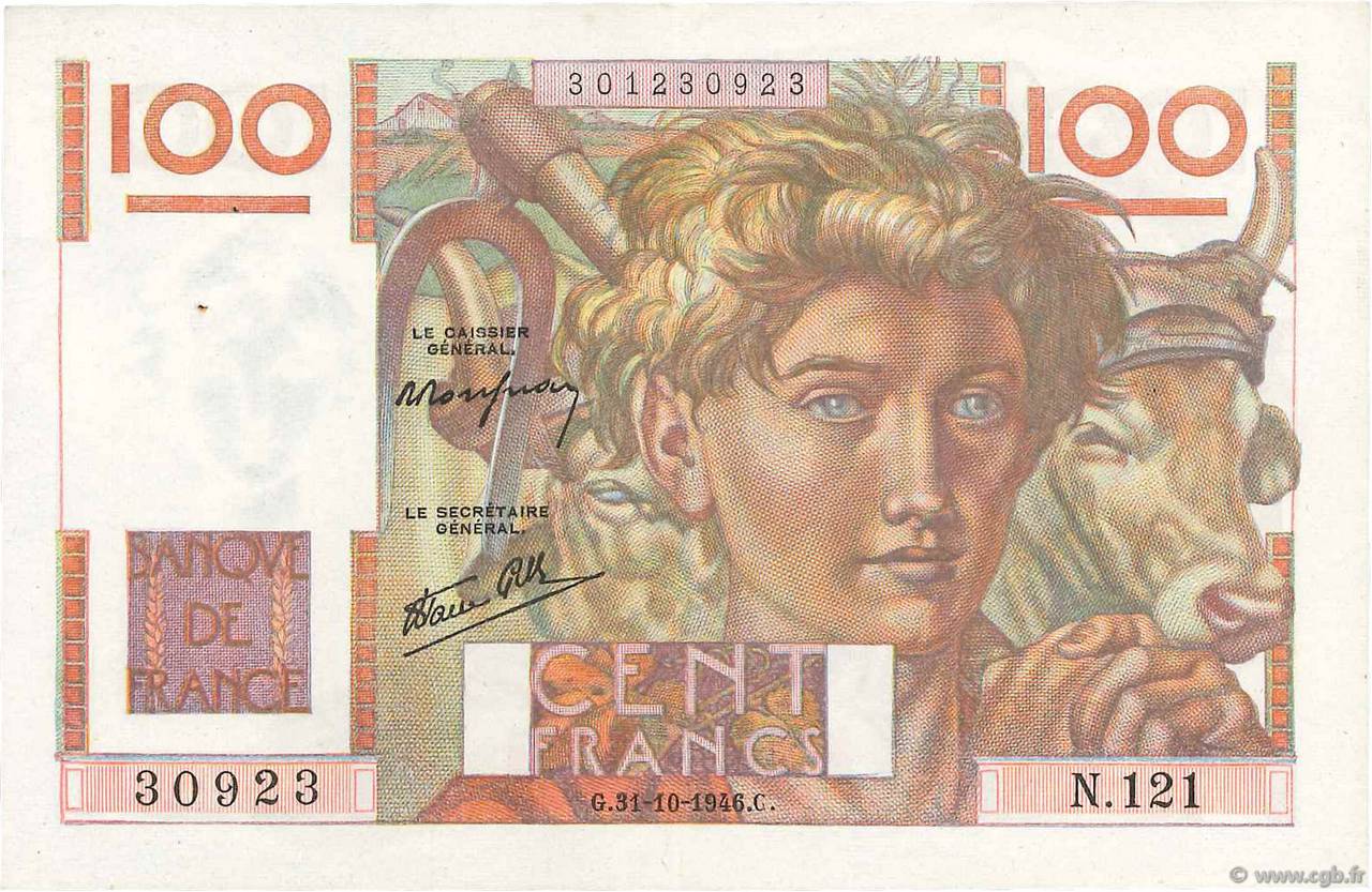 100 Francs JEUNE PAYSAN FRANCE  1946 F.28.10 VF+