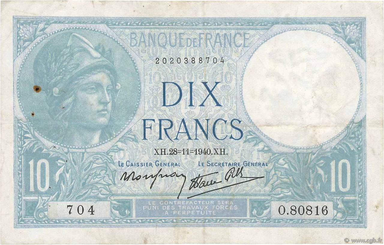 10 Francs MINERVE modifié FRANKREICH  1940 F.07.22 fSS