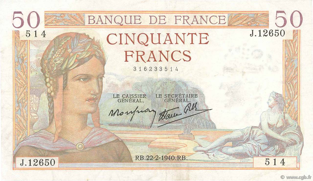 50 Francs CÉRÈS modifié FRANCE  1940 F.18.39 TTB