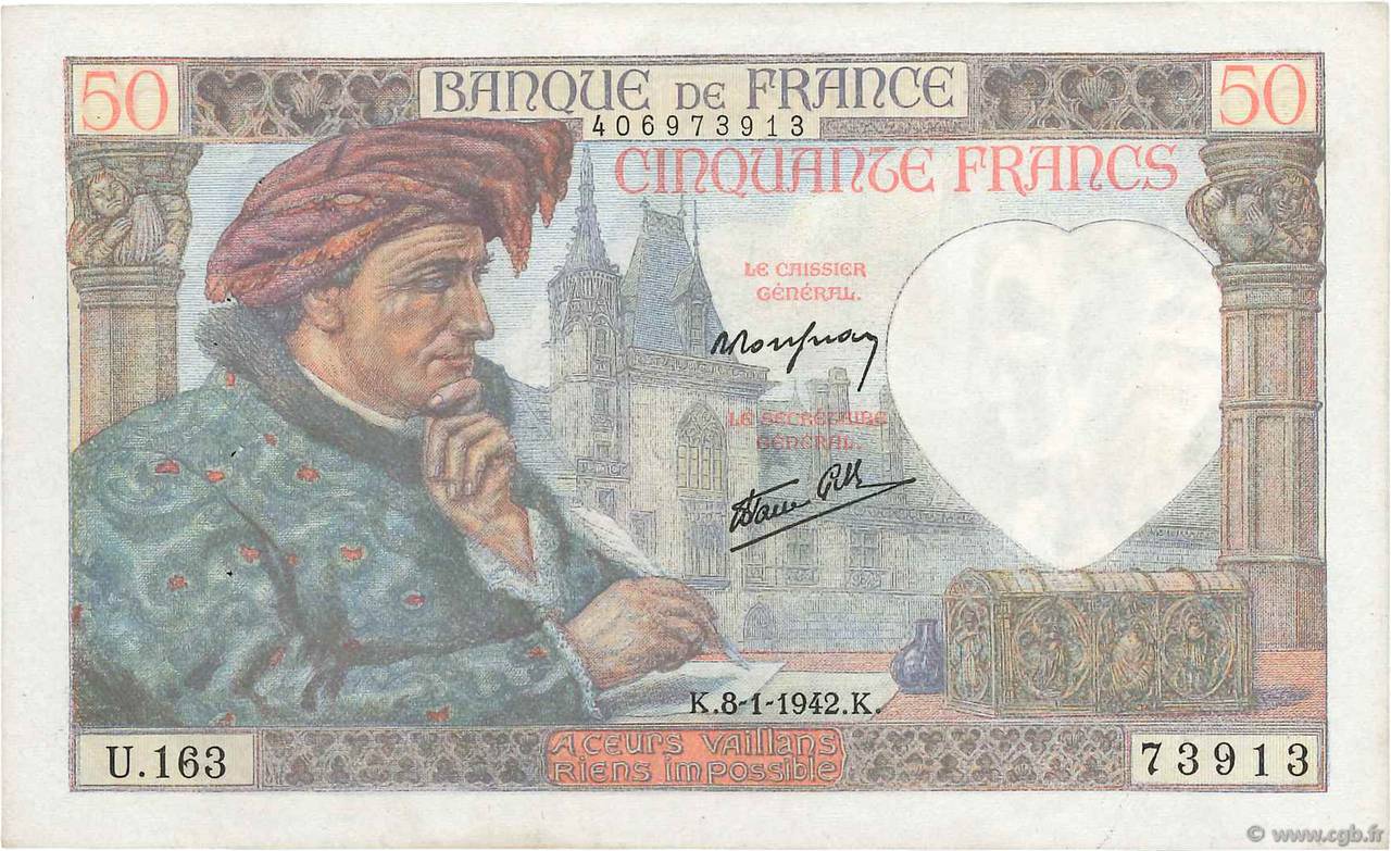 50 Francs JACQUES CŒUR FRANCE  1942 F.19.18 TTB+