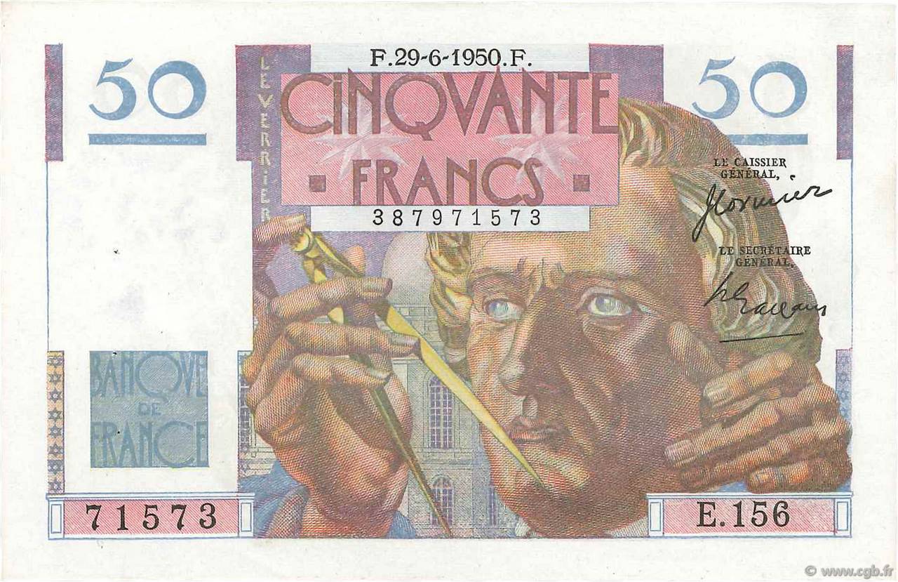 50 Francs LE VERRIER FRANCE  1950 F.20.15 XF-