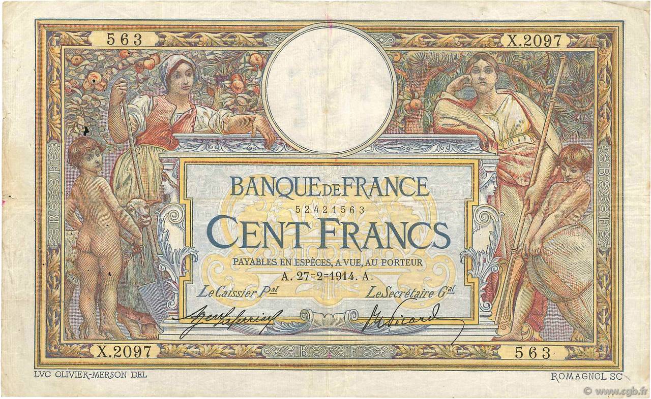 100 Francs LUC OLIVIER MERSON sans LOM FRANCE  1914 F.23.06 pr.TB