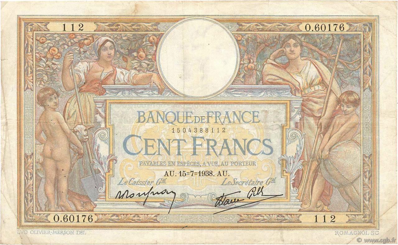 100 Francs LUC OLIVIER MERSON type modifié FRANCIA  1938 F.25.26 MB