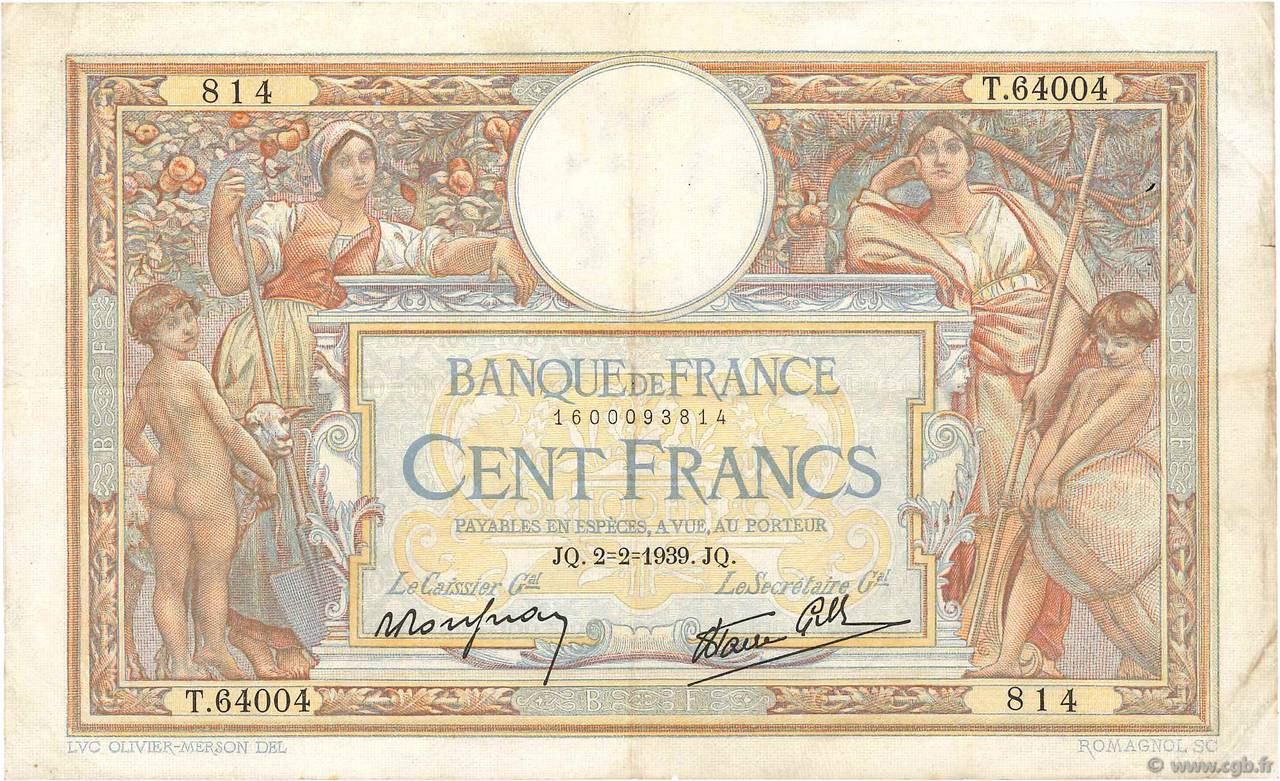 100 Francs LUC OLIVIER MERSON type modifié FRANKREICH  1939 F.25.41 fSS
