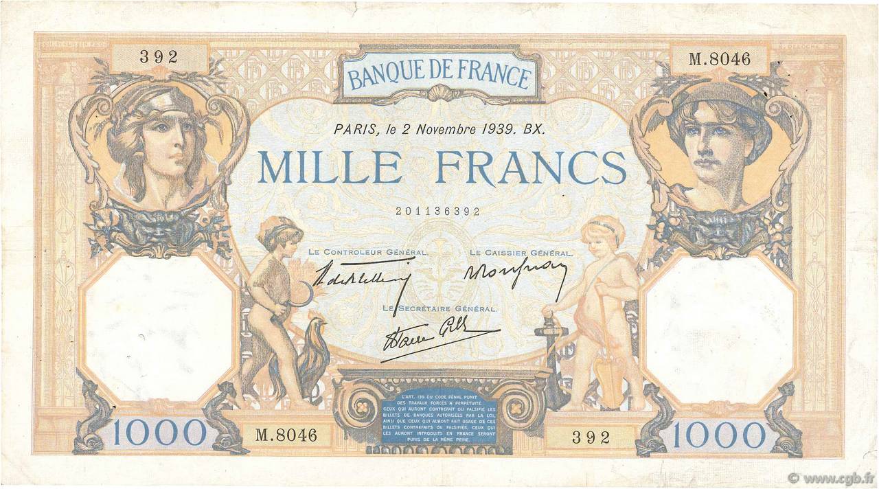 1000 Francs CÉRÈS ET MERCURE type modifié FRANCE  1939 F.38.38 TB+