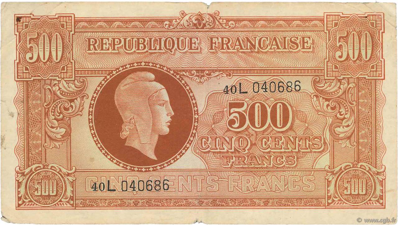 500 Francs MARIANNE fabrication anglaise FRANCE  1945 VF.11.01 pr.TB