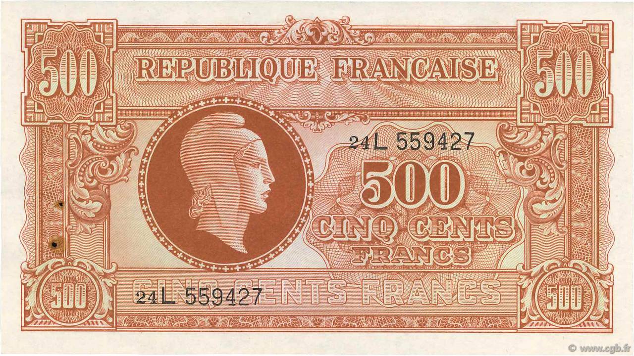 500 Francs MARIANNE fabrication anglaise FRANCE  1945 VF.11.01 pr.SPL