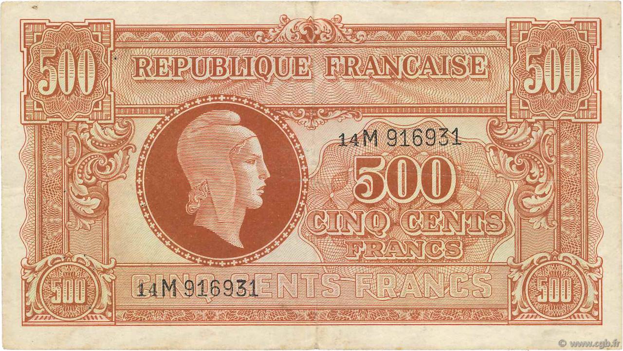 500 Francs MARIANNE fabrication anglaise FRANCE  1945 VF.11.02 TB+