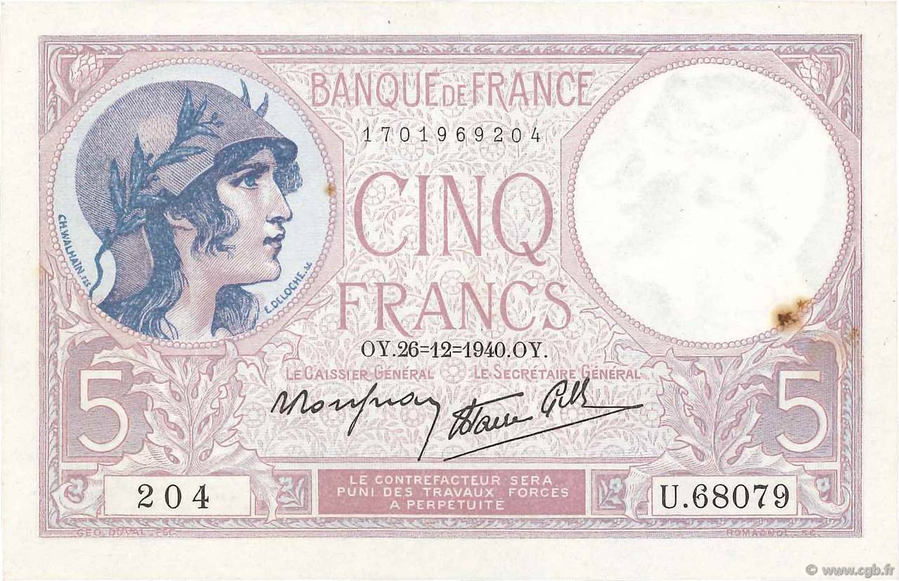 5 Francs FEMME CASQUÉE modifié FRANCE  1940 F.04.18 SUP