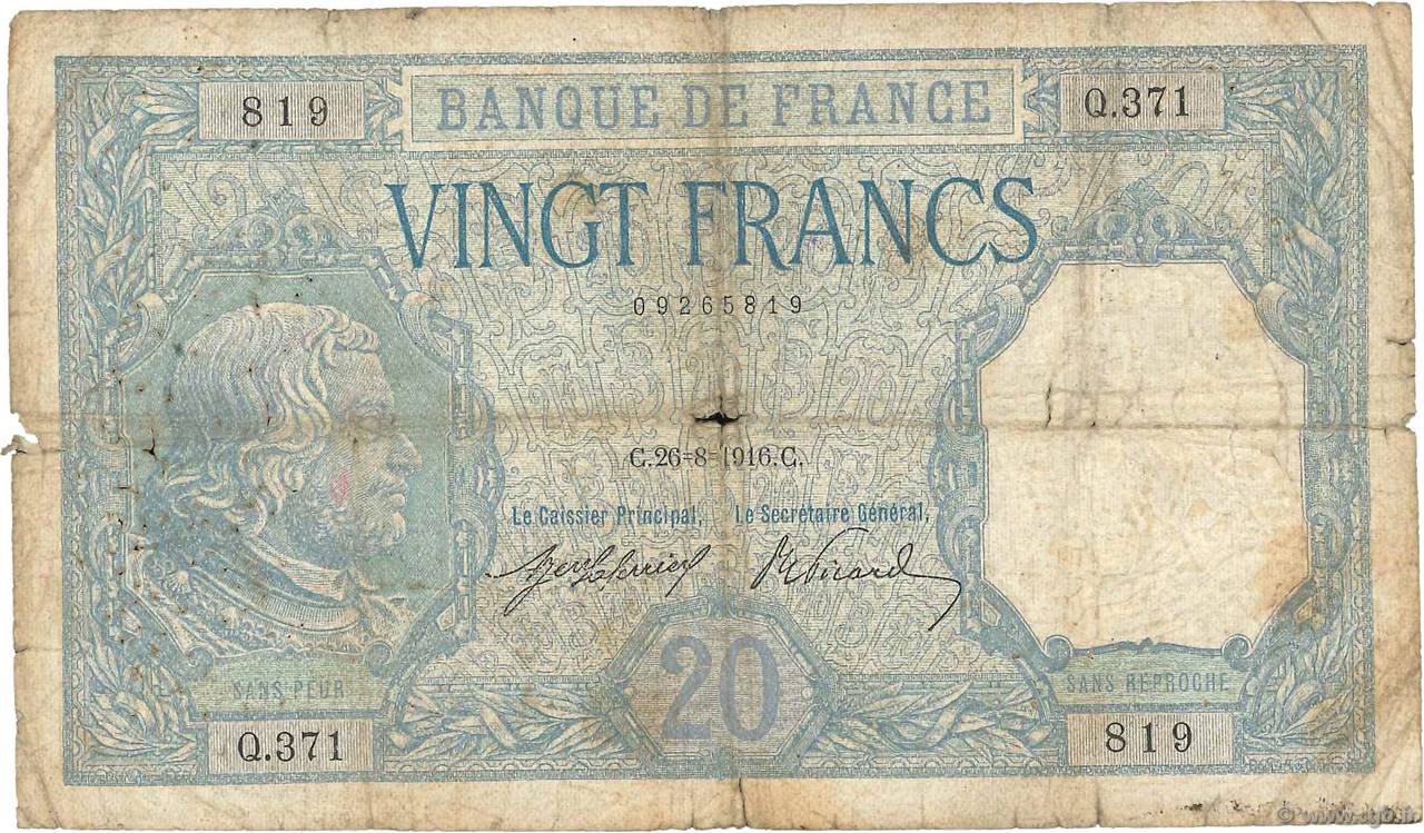 20 Francs BAYARD FRANCE  1916 F.11.01 G