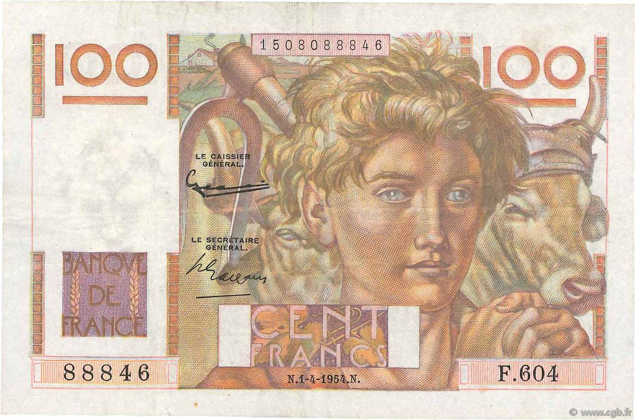 100 Francs JEUNE PAYSAN FRANCE  1954 F.28.43 TTB