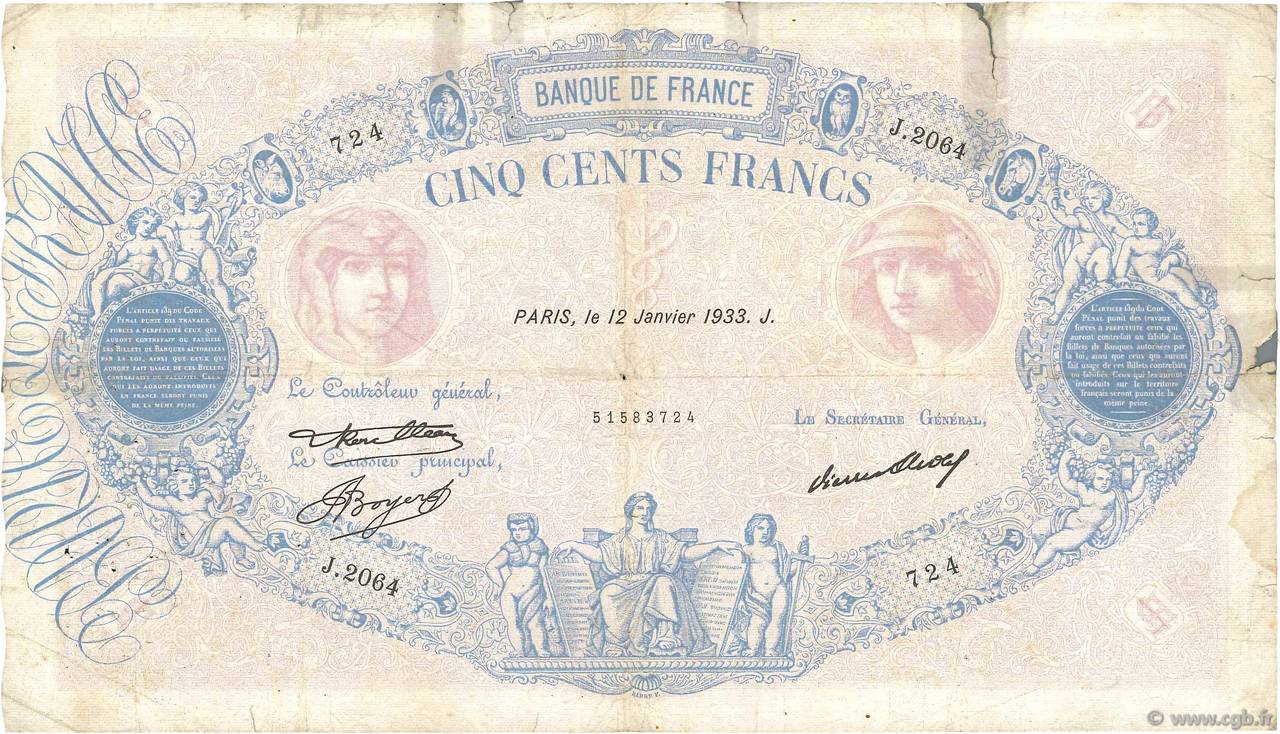 500 Francs BLEU ET ROSE FRANCE  1933 F.30.36 B+