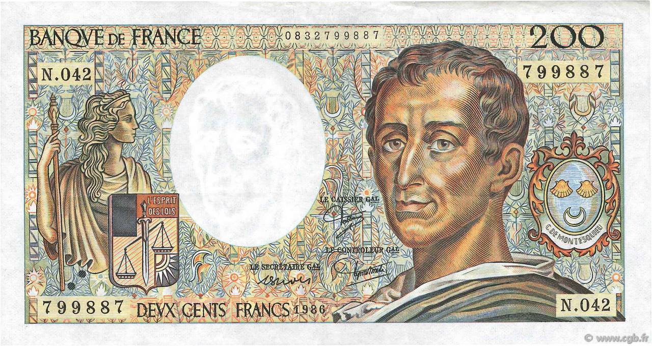 200 Francs MONTESQUIEU FRANCE  1986 F.70.06 VF+