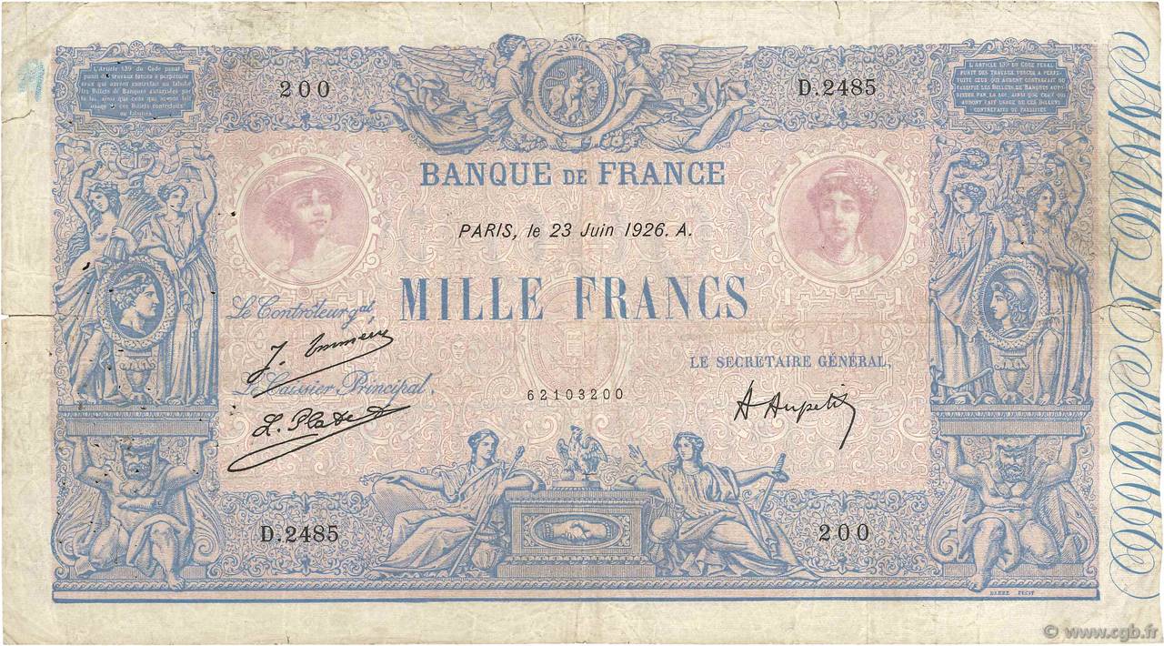 1000 Francs BLEU ET ROSE FRANCE  1926 F.36.42 pr.TB