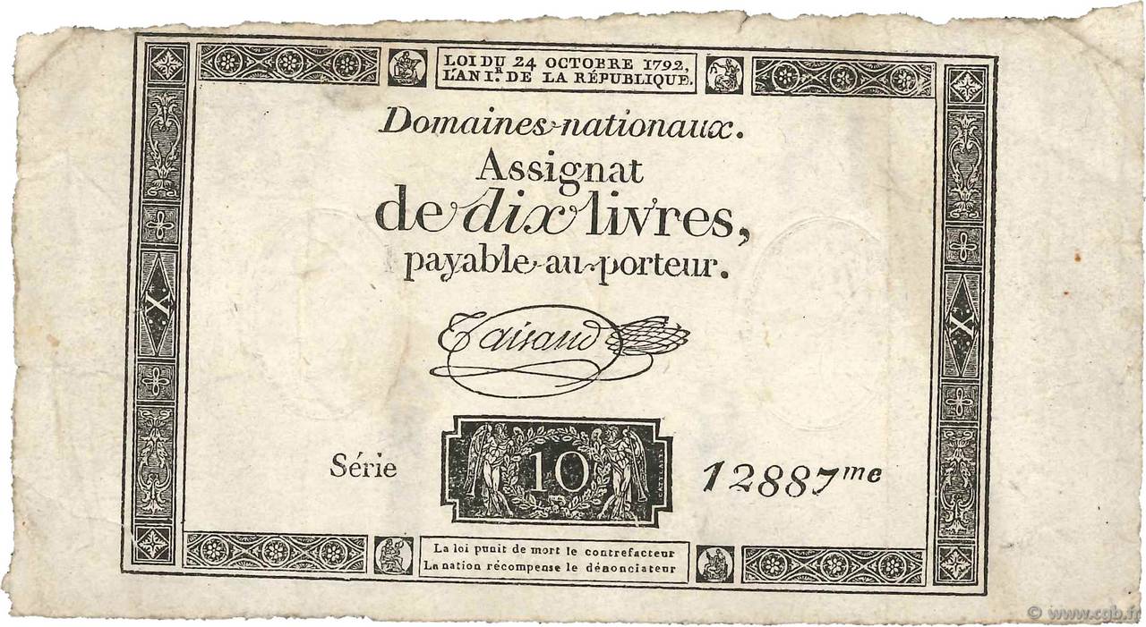 10 Livres filigrane républicain FRANCE  1792 Ass.36c F+