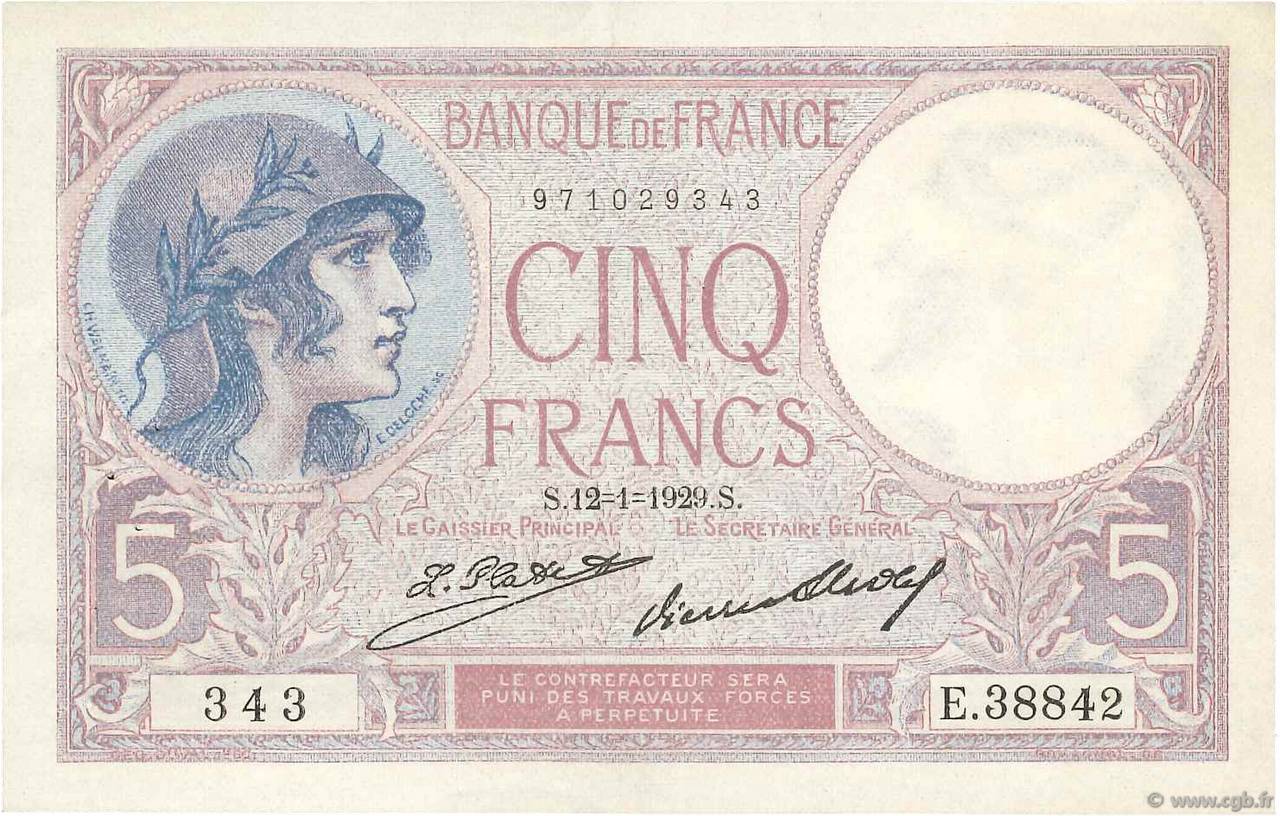 5 Francs FEMME CASQUÉE FRANCE  1929 F.03.13 pr.SUP
