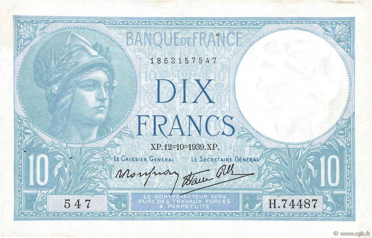 10 Francs MINERVE modifié FRANCE  1939 F.07.11 VF+