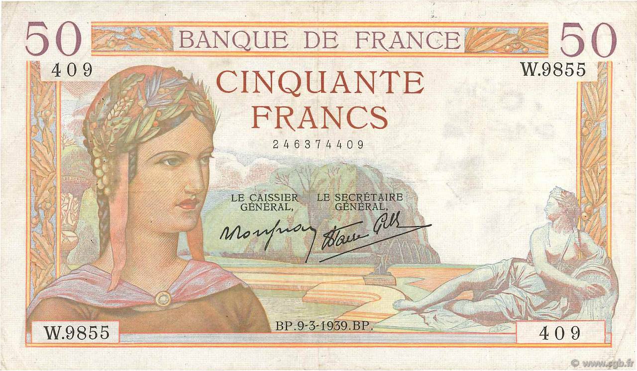 50 Francs CÉRÈS modifié FRANCE  1939 F.18.23 VF-
