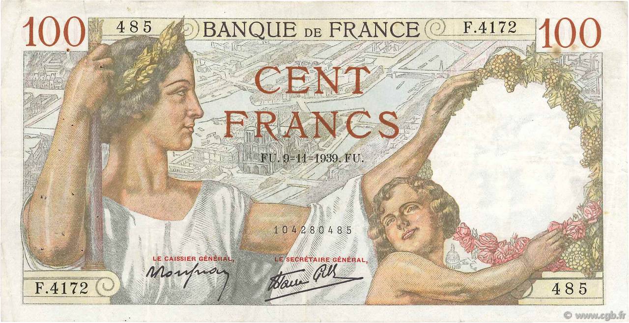 100 Francs SULLY FRANCE  1939 F.26.14 TB+
