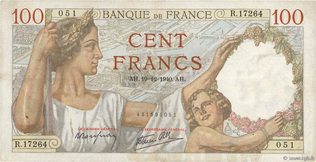100 Francs SULLY FRANCE  1940 F.26.43 TTB