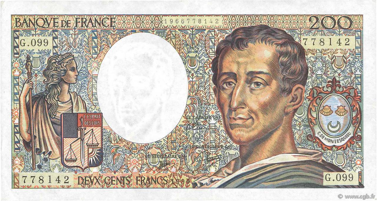 200 Francs MONTESQUIEU FRANCE  1990 F.70.10b TTB