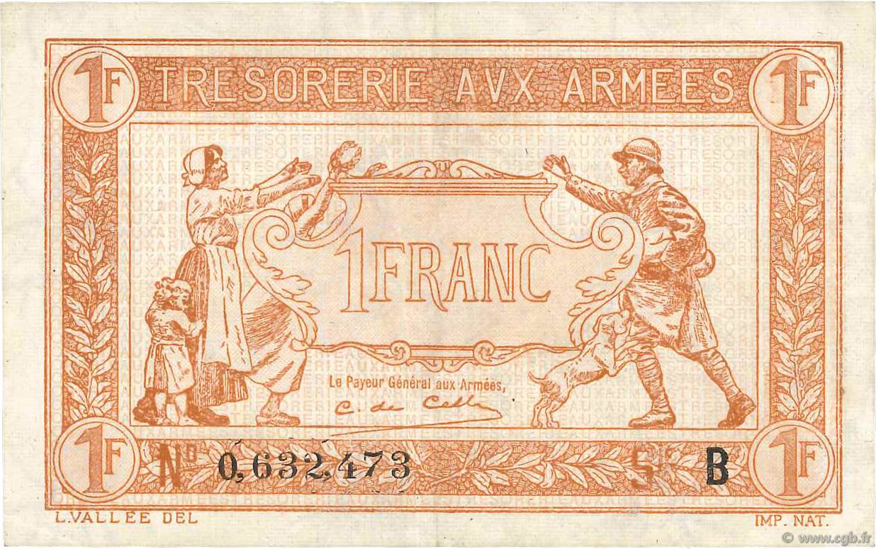 1 Franc TRÉSORERIE AUX ARMÉES 1917 FRANCE  1917 VF.03.02 TTB