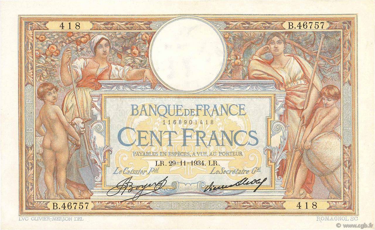 100 Francs LUC OLIVIER MERSON grands cartouches FRANCE  1934 F.24.13 XF