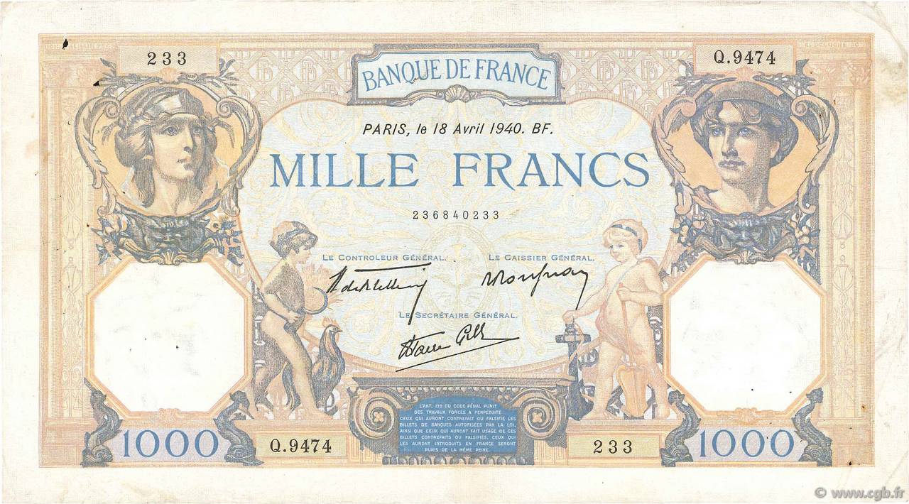 1000 Francs CÉRÈS ET MERCURE type modifié FRANCE  1940 F.38.46 TTB