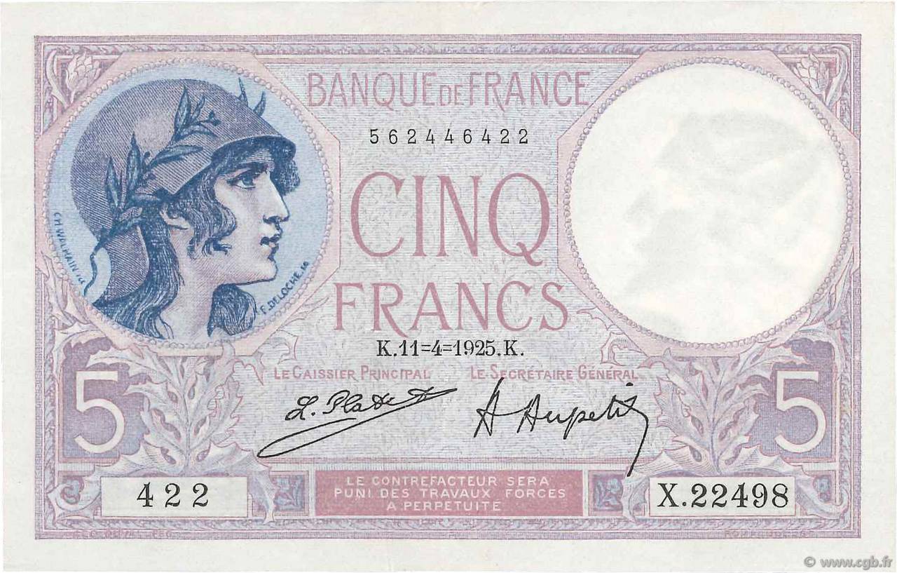 5 Francs FEMME CASQUÉE FRANCE  1925 F.03.09 pr.SUP