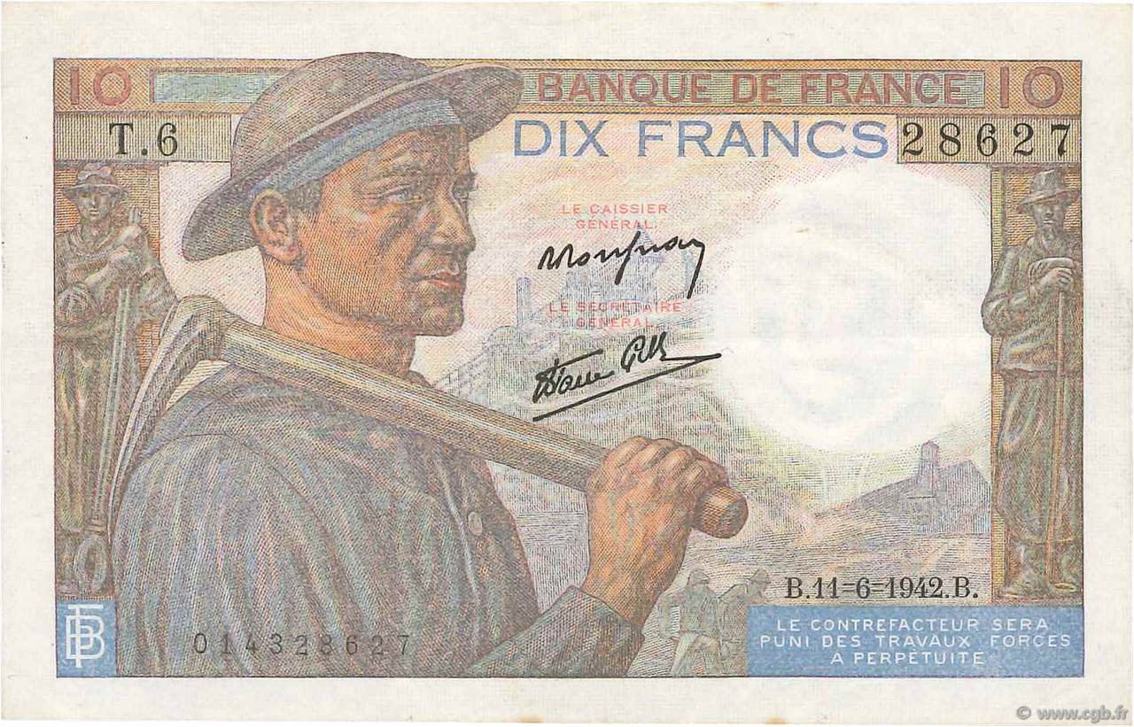 10 Francs MINEUR FRANCE  1942 F.08.03 pr.SUP