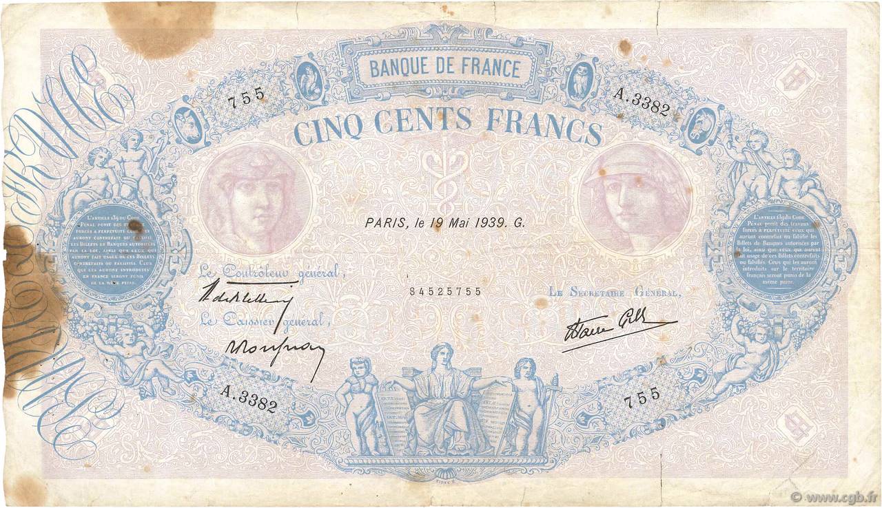 500 Francs BLEU ET ROSE modifié FRANCE  1939 F.31.32 F-