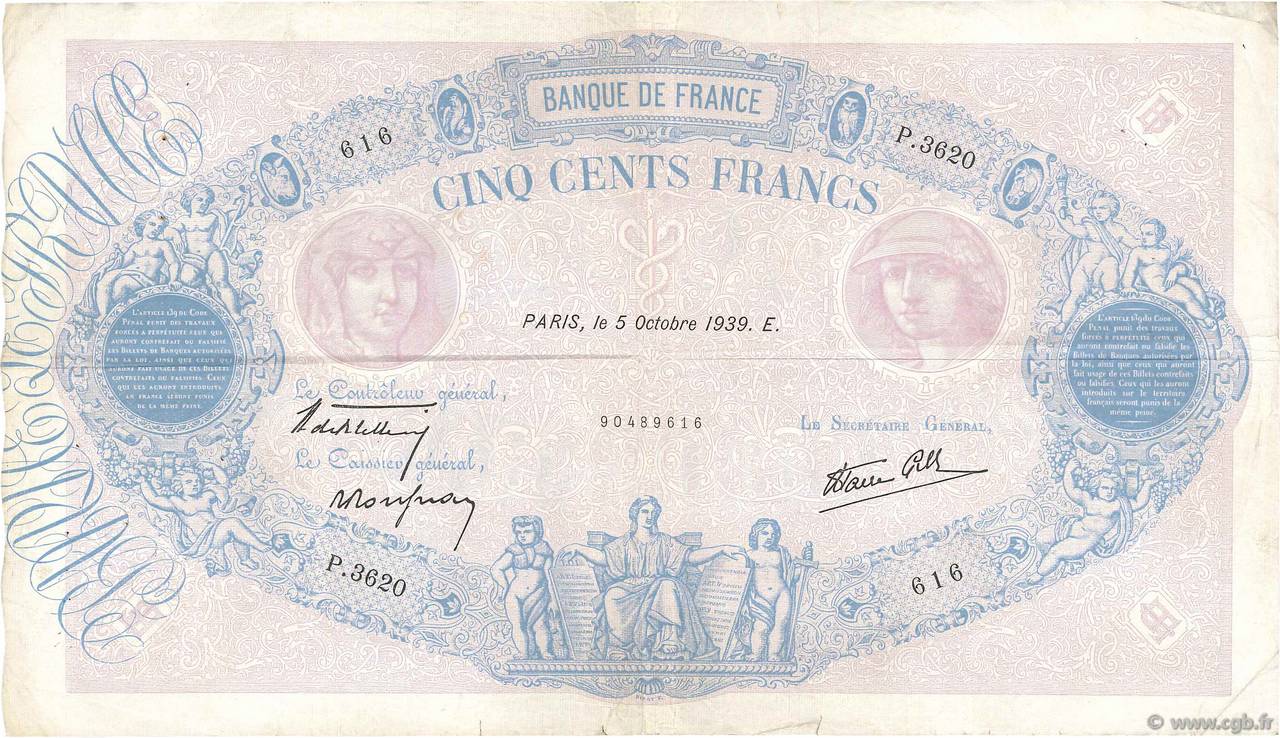 500 Francs BLEU ET ROSE modifié FRANCE  1939 F.31.42 pr.TTB
