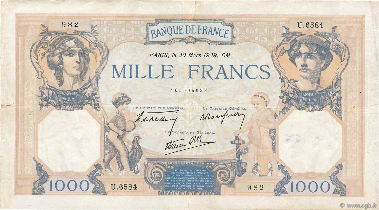 1000 Francs CÉRÈS ET MERCURE type modifié FRANCE  1939 F.38.35 TB+