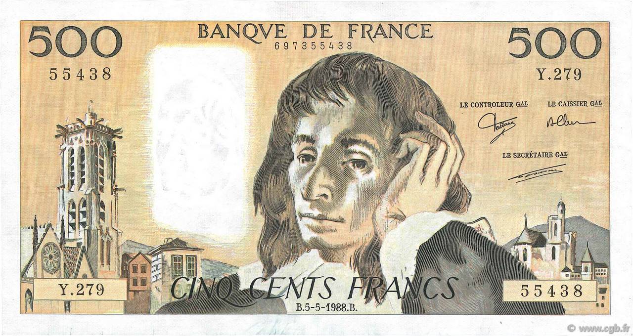 500 Francs PASCAL FRANCE  1988 F.71.39 pr.SUP