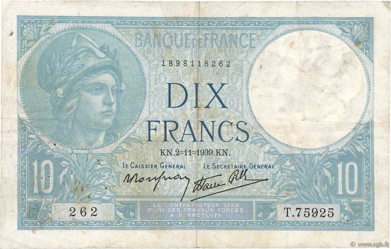 10 Francs MINERVE modifié FRANCE  1939 F.07.14 TB