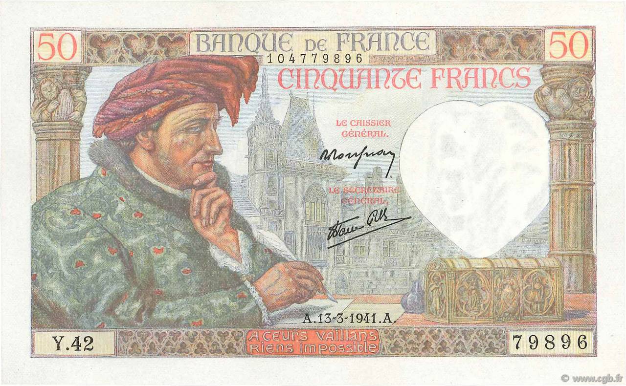 50 Francs JACQUES CŒUR FRANCIA  1941 F.19.07 SC+