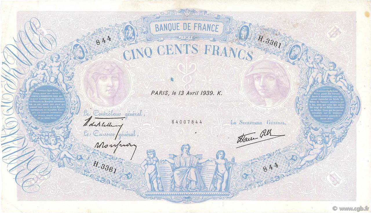 500 Francs BLEU ET ROSE modifié FRANCE 1939 F.31.31 TTB+
