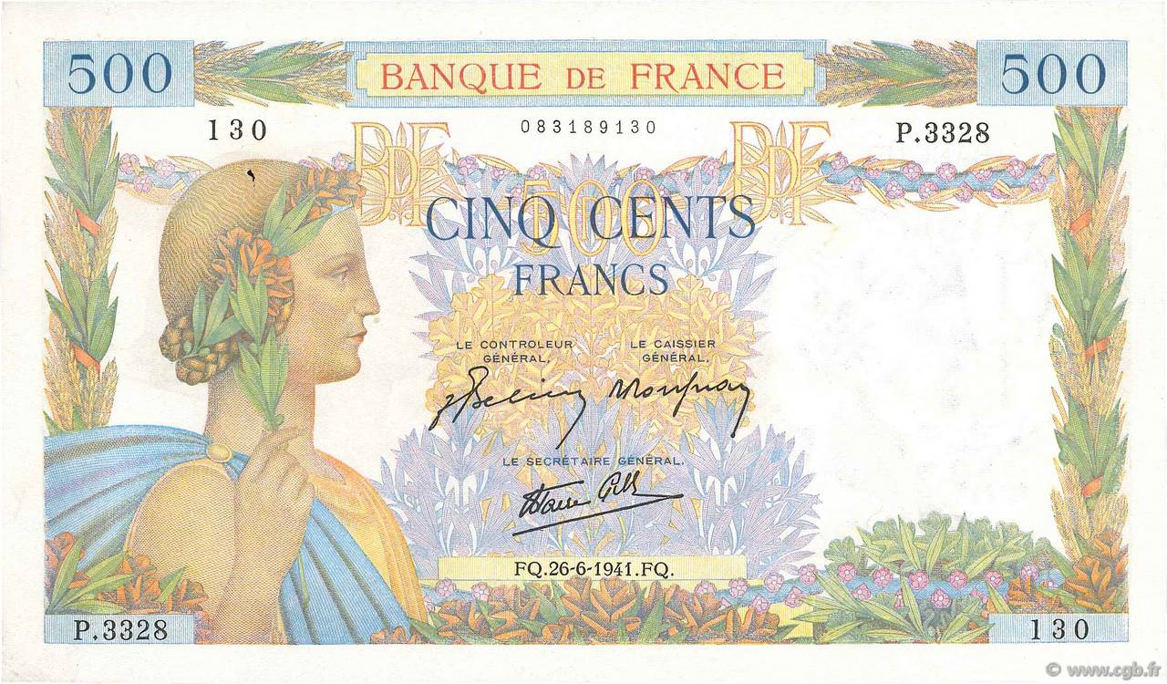 500 Francs LA PAIX FRANCE  1941 F.32.19 TTB+