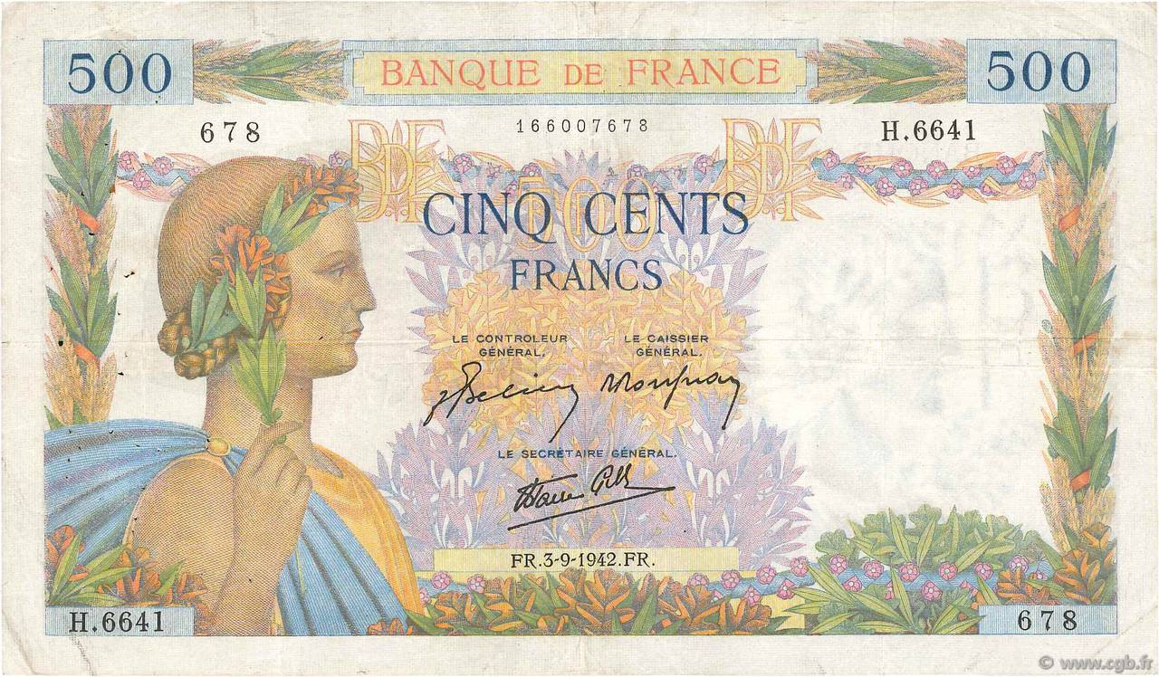 500 Francs LA PAIX FRANCE  1942 F.32.39 pr.TTB
