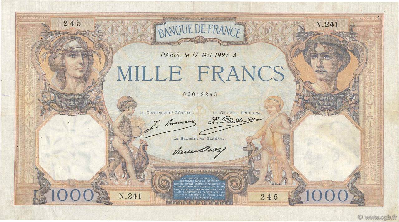 1000 Francs CÉRÈS ET MERCURE FRANCE  1927 F.37.01 TTB