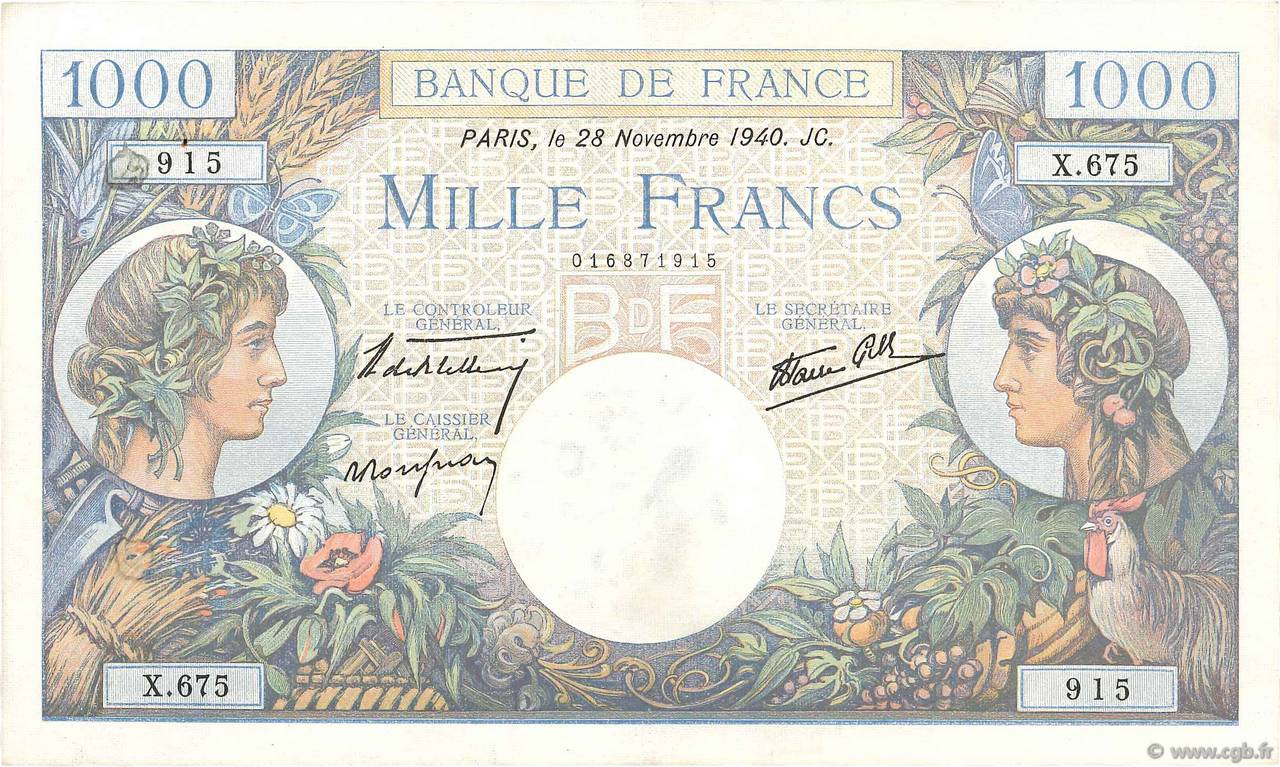 1000 Francs COMMERCE ET INDUSTRIE FRANKREICH  1940 F.39.02 VZ+