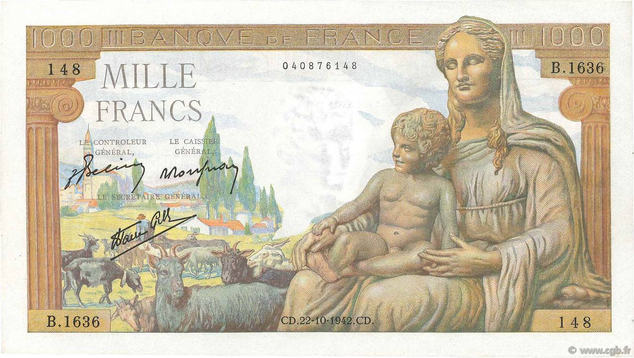 1000 Francs DÉESSE DÉMÉTER FRANCE  1942 F.40.09 SPL