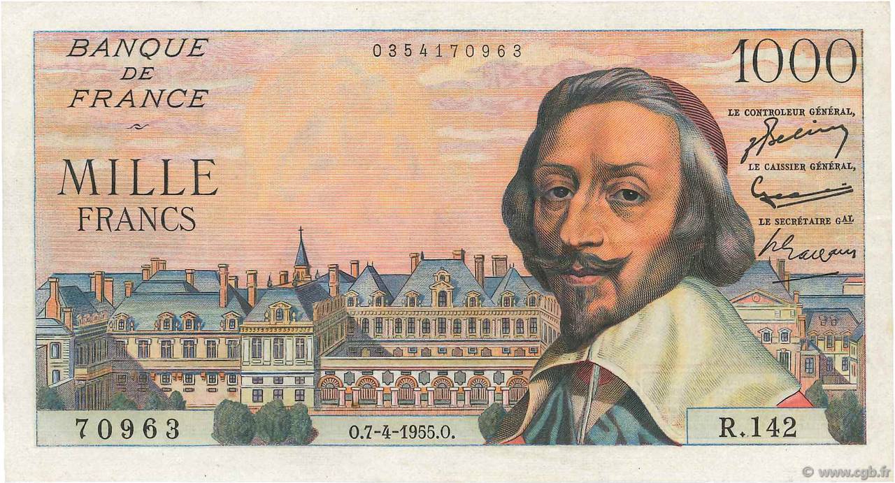 1000 Francs RICHELIEU FRANCIA  1955 F.42.12 EBC