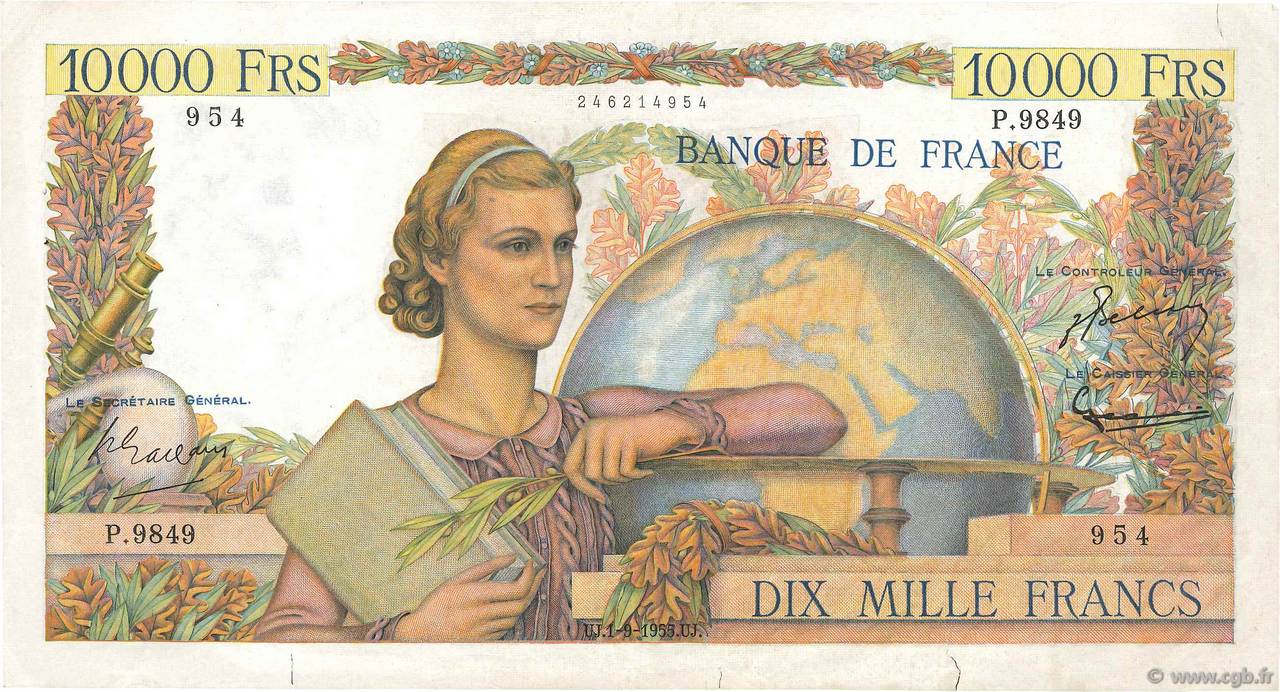 10000 Francs GÉNIE FRANÇAIS FRANCE  1955 F.50.76 pr.TTB