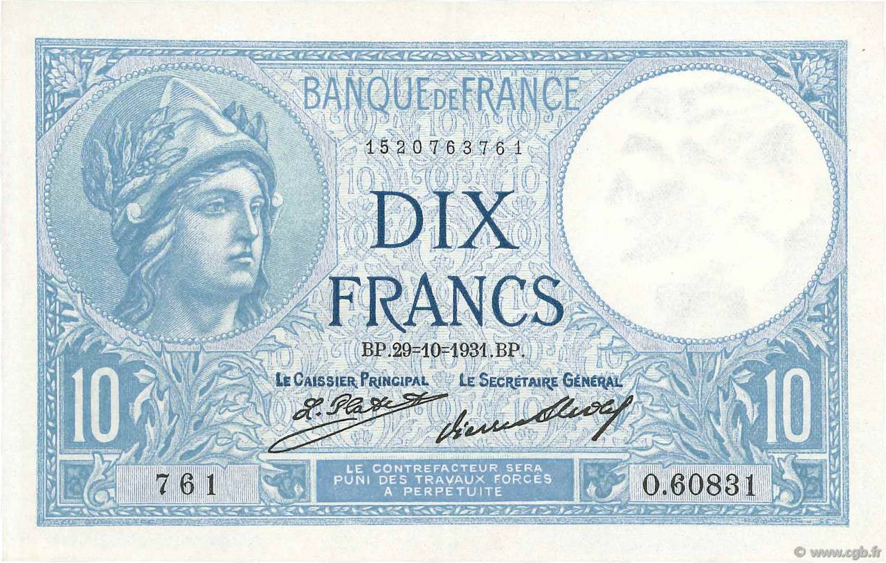10 Francs MINERVE FRANCE  1931 F.06.15 SPL