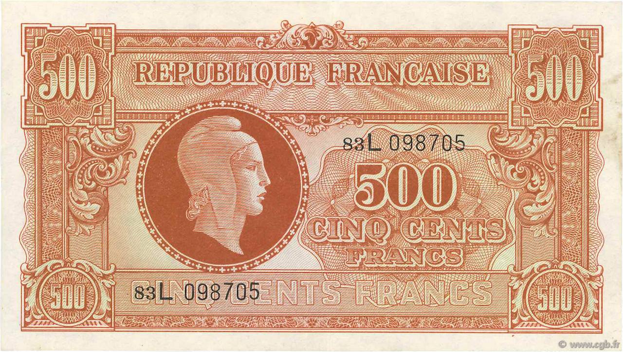 500 Francs MARIANNE fabrication anglaise FRANCE  1945 VF.11.01 SUP+