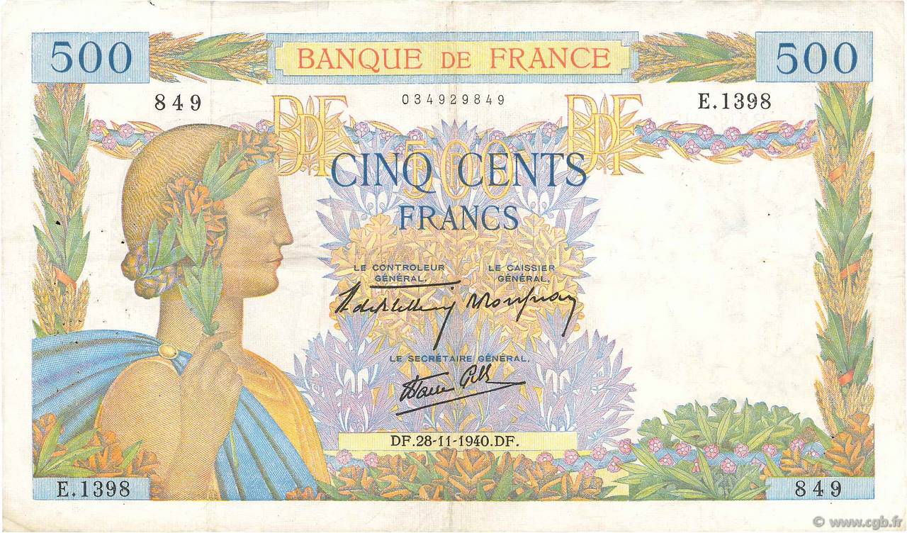 500 Francs LA PAIX FRANCE  1940 F.32.09 TB